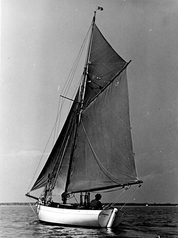Wanderer II with Susan Hiscock at the helm.